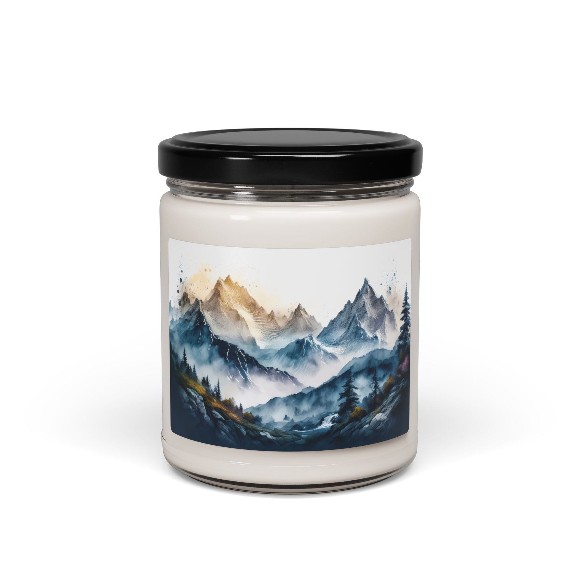 scented candle with scenic mountains design