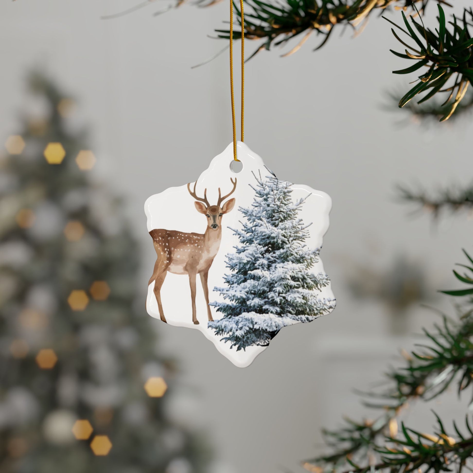 Ceramic Ornament – Deer & Snowy Pine
