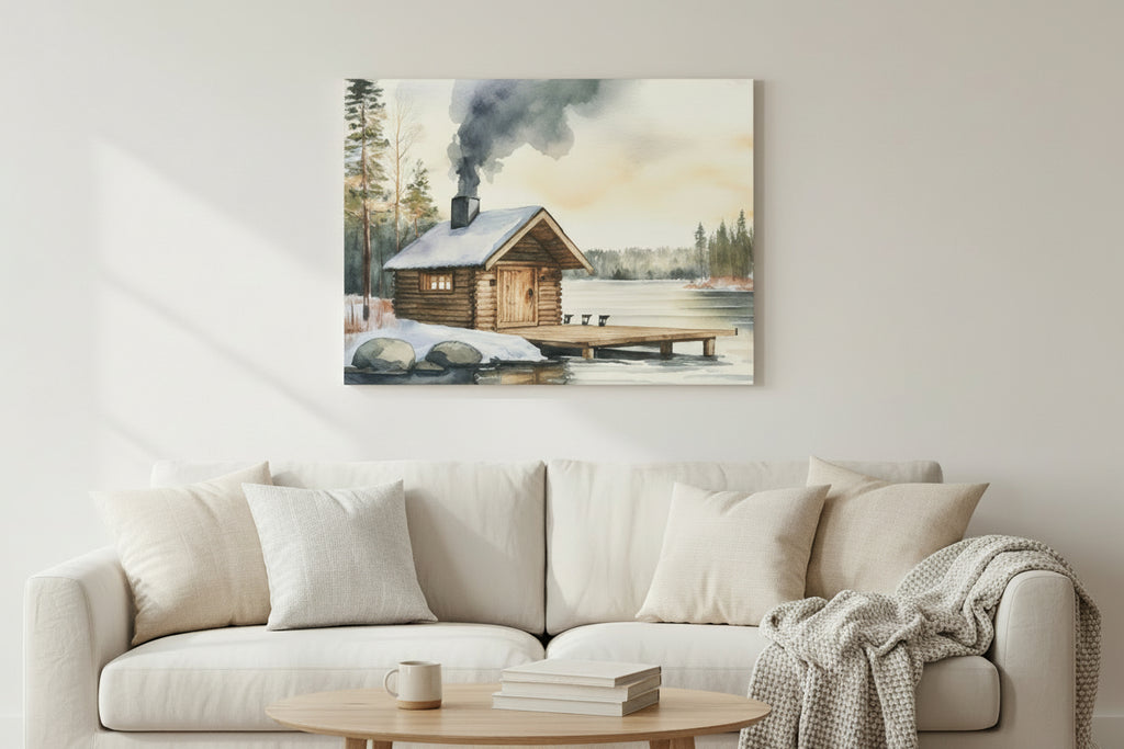 Wall art that features a Log cabin with smoke rising over a snowy landscape near a lake at a comfy living room
