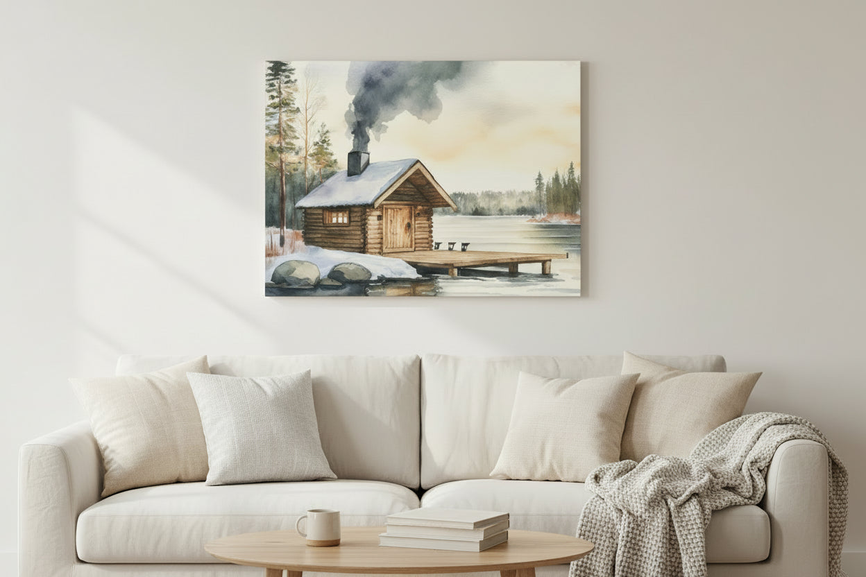 Wall art that features a Log cabin with smoke rising over a snowy landscape near a lake at a comfy living room
