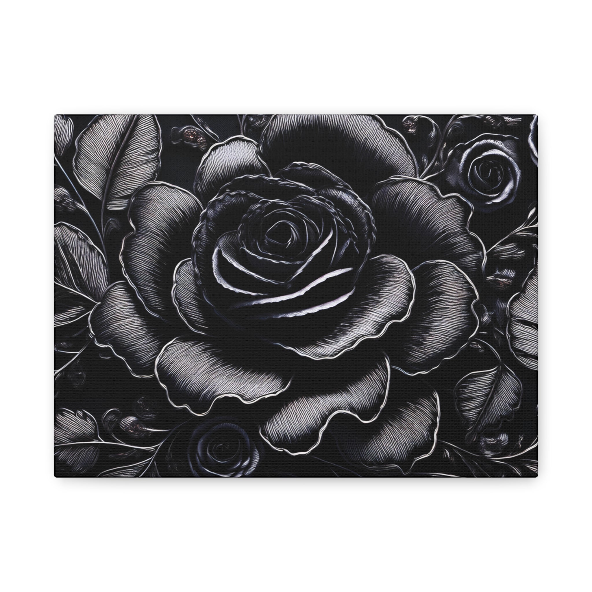 Black and white floral design with roses on a white background