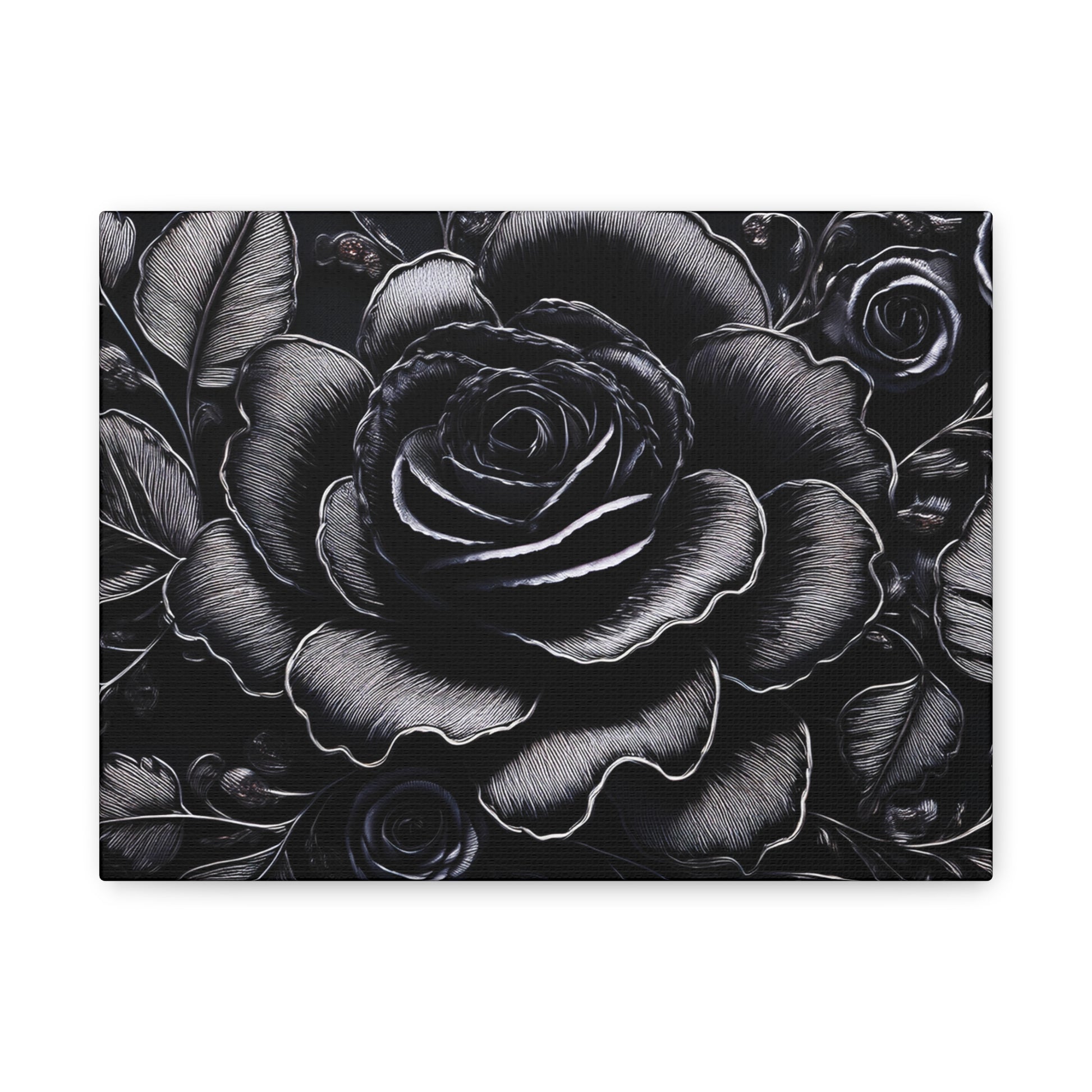 Black and white floral design with roses on a white background