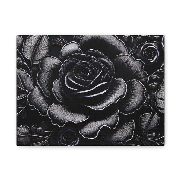 Black and white floral design with roses on a white background