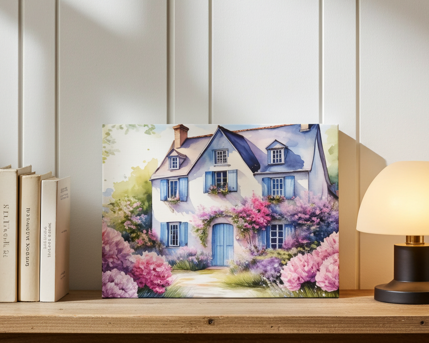 Painting of a quaint house with flowers on a shelf with books and a lamp.