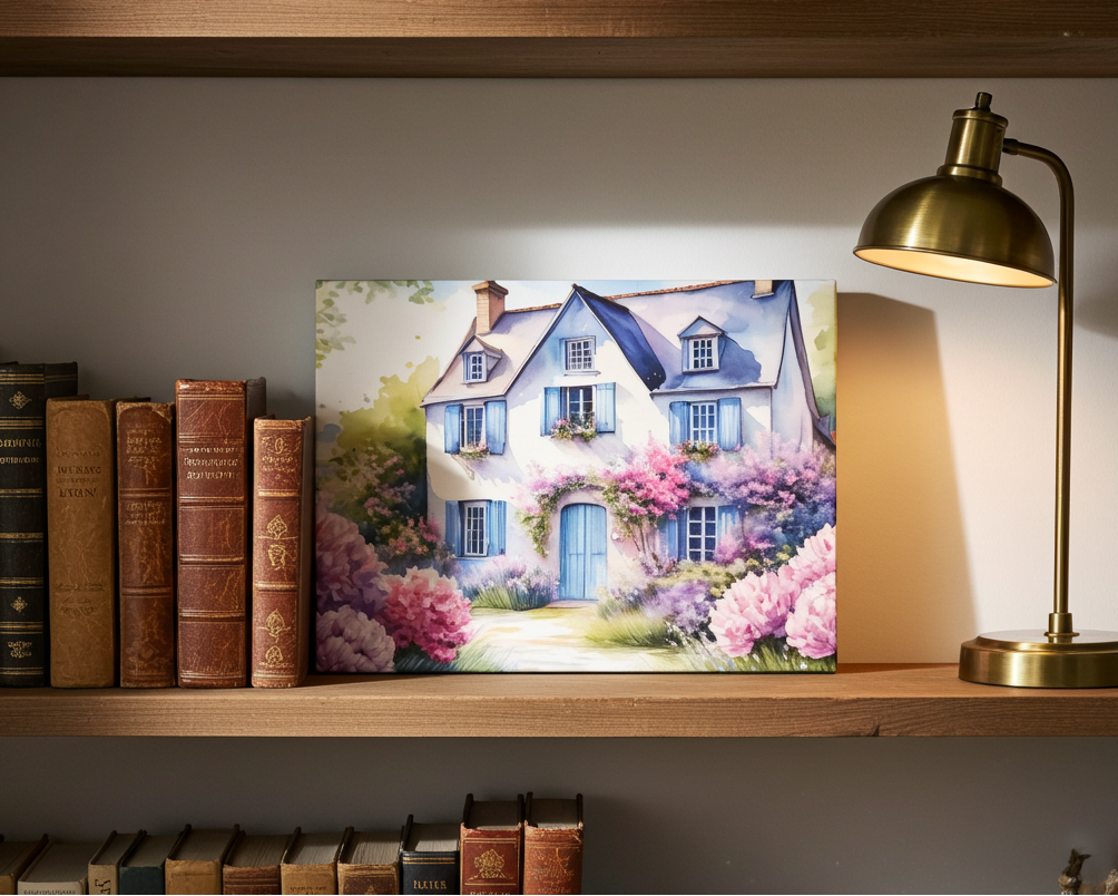 Framed painting of a house with flowers on a bookshelf with books and a lamp.