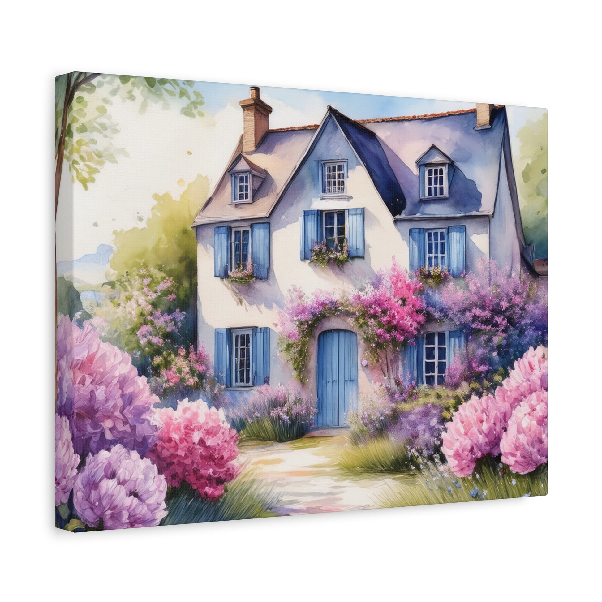 Painting of a quaint house with blue shutters and pink flowers