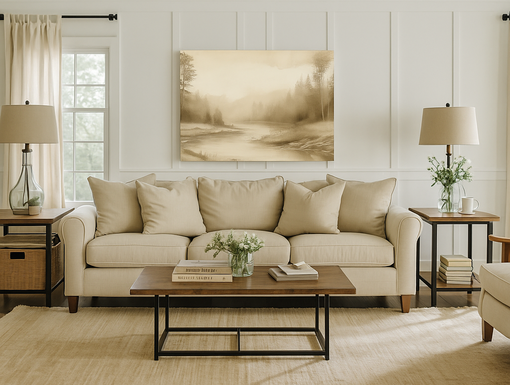Living room with beige sofa, wooden coffee table, and decorative elements.